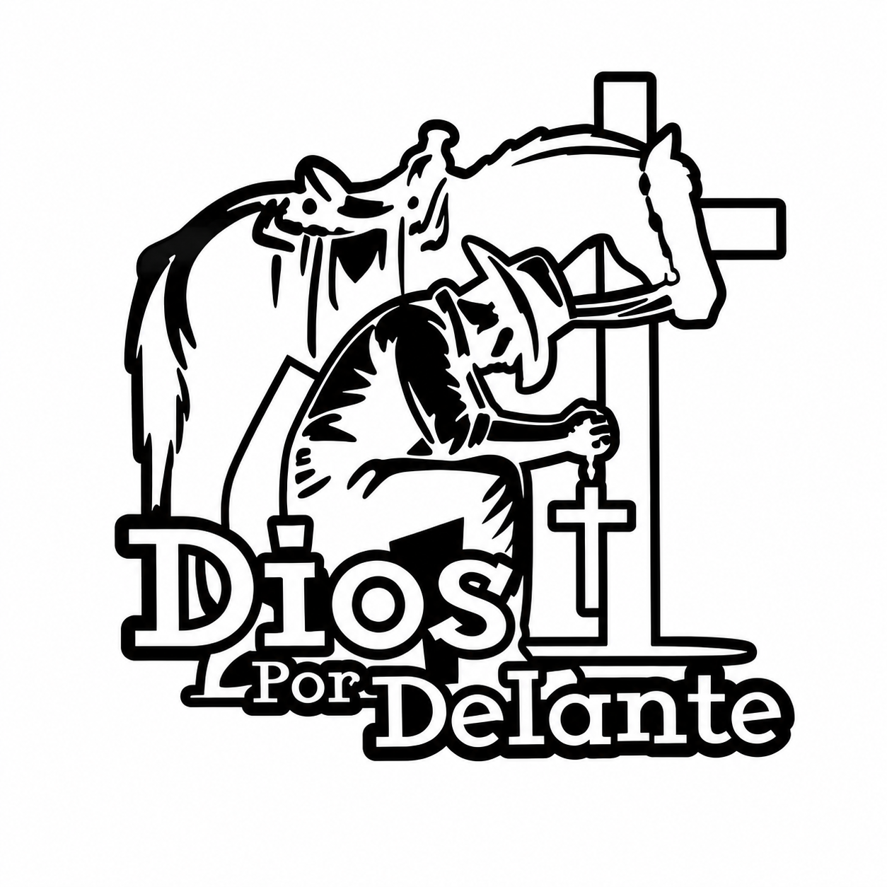 Calcomanía Vaquera Dios Por Delante con Caballo y Cruz | Vinil de Corte