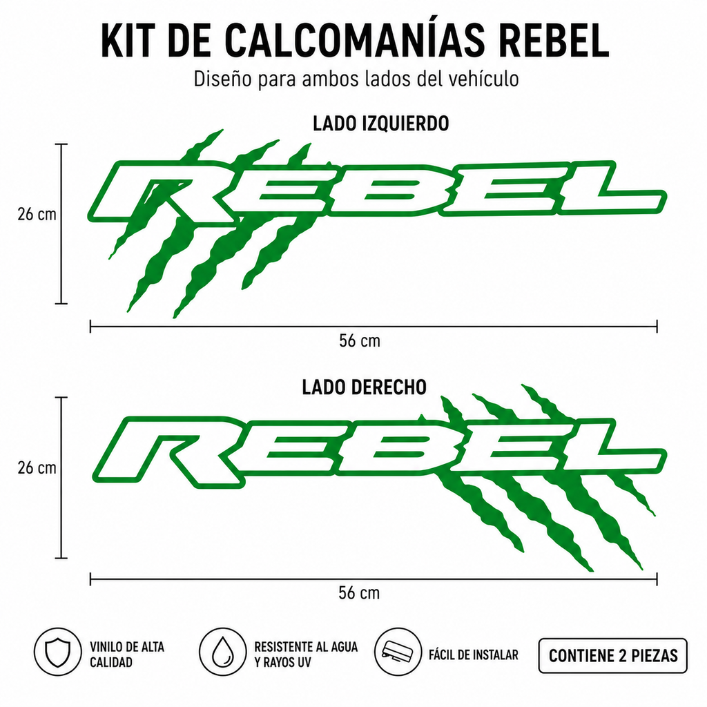 Kit Calcomanías REBEL con Garrazos 56x26 cm – 2 Piezas en Vinil