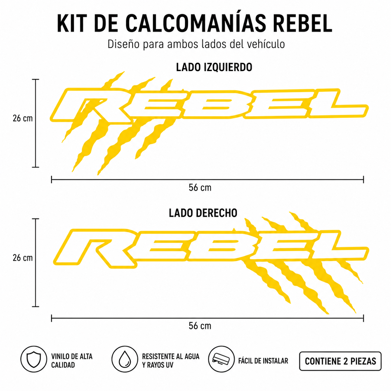Kit Calcomanías REBEL con Garrazos 56x26 cm – 2 Piezas en Vinil
