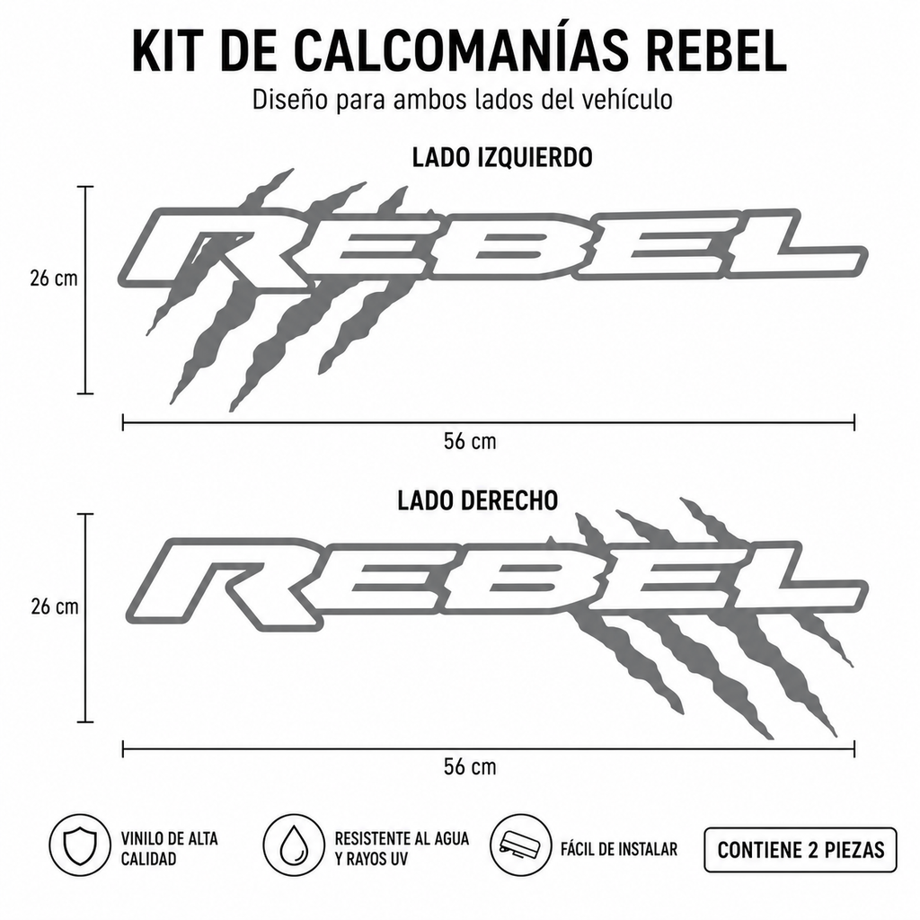 Kit Calcomanías REBEL con Garrazos 56x26 cm – 2 Piezas en Vinil