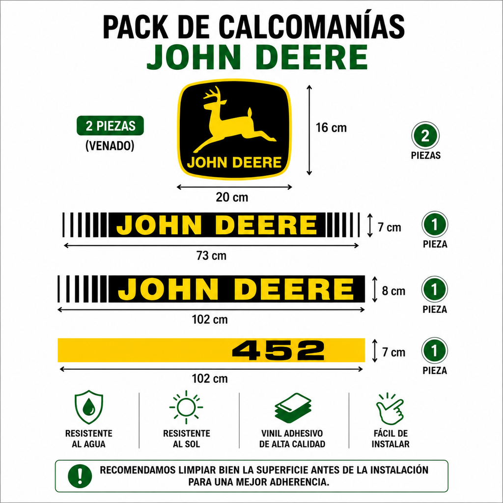 Pack de Calcomanías John Deere 452 | Vinil de alta calidad | 5 Piezas