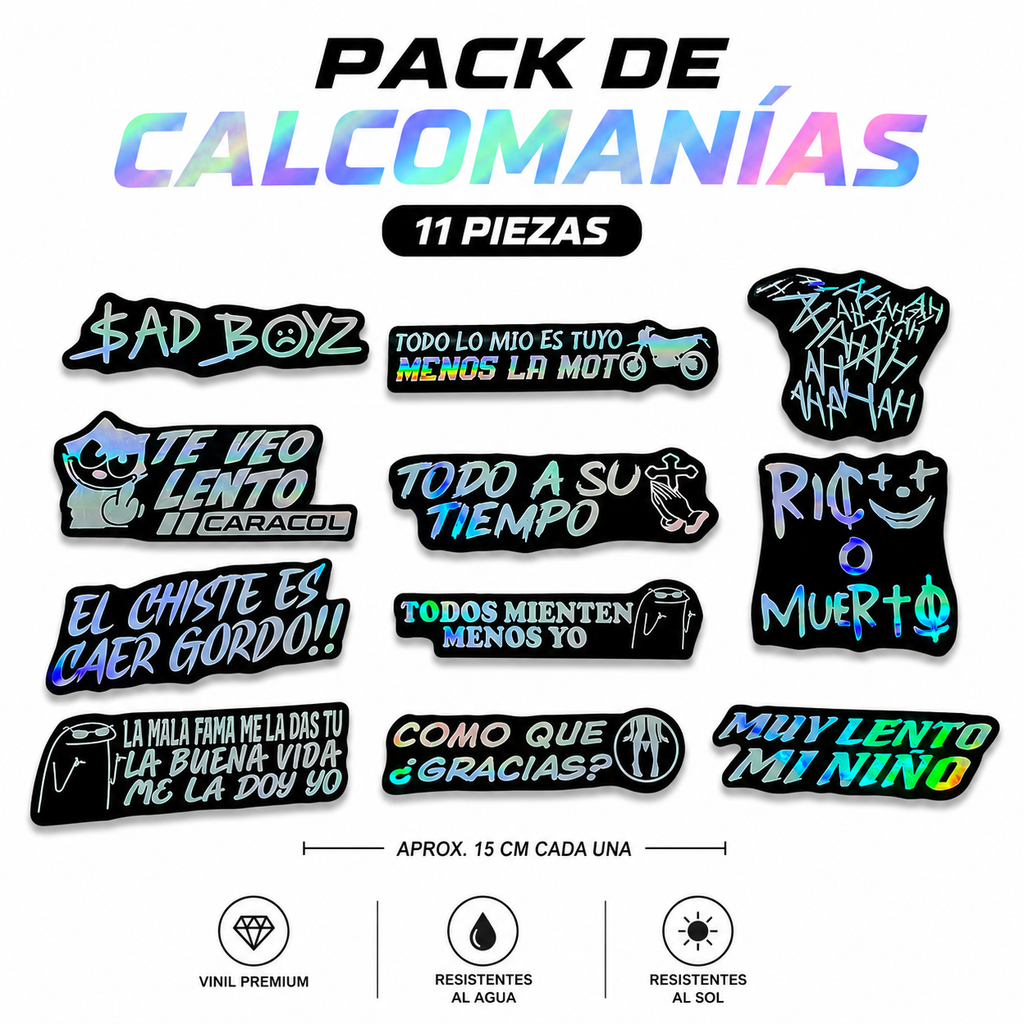 Pack de 11 Calcomanías Holográficas para Auto y Moto | Vinil 15 cm