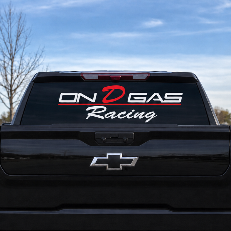 Calcomanía ON D GAS Racing para Camioneta – Parabrisas y Vidrio Trasero