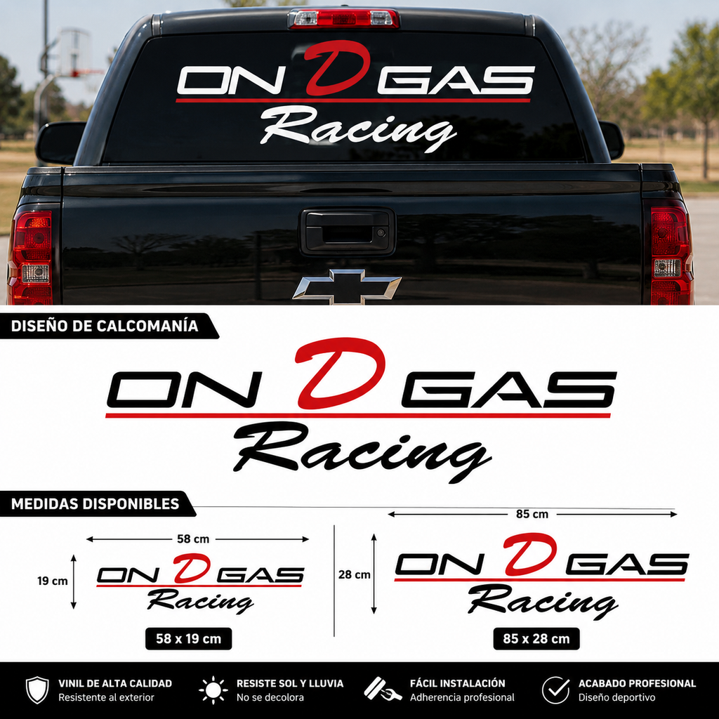 Calcomanía ON D GAS Racing para Camioneta – Parabrisas y Vidrio Trasero