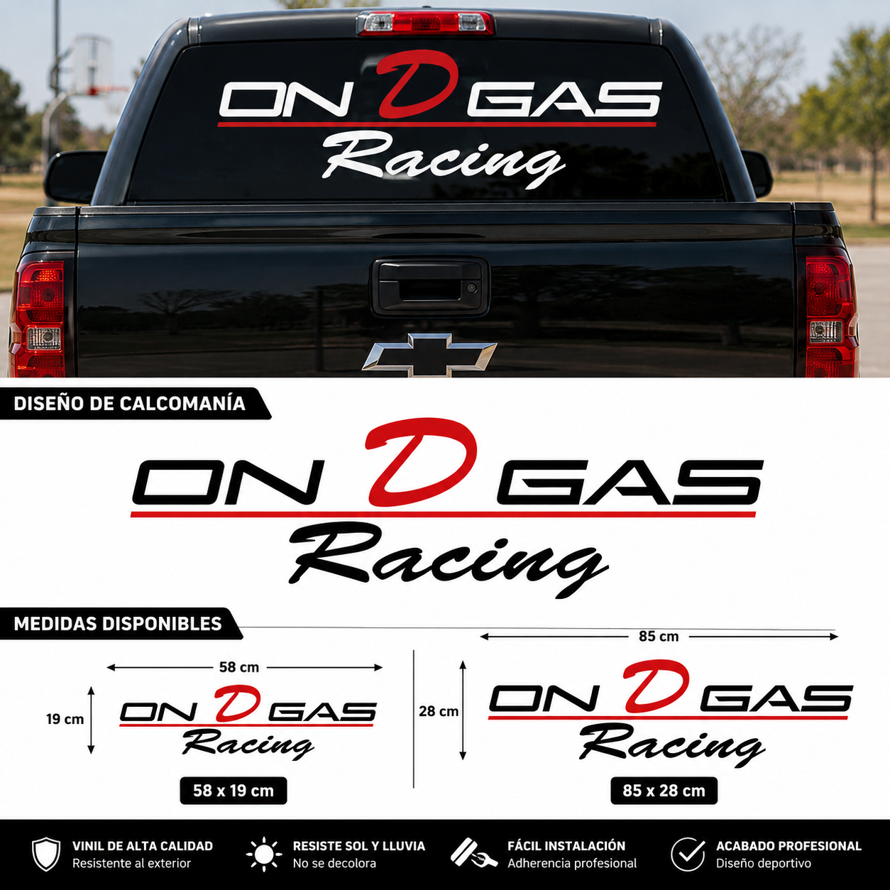 Calcomanía ON D GAS Racing para Camioneta – Parabrisas y Vidrio Trasero