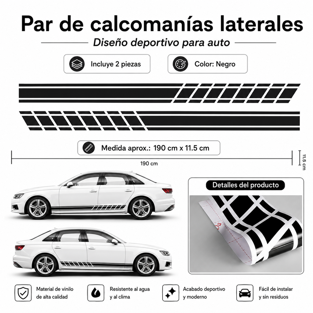 Par de Calcomanías Laterales Deportivas para Auto – 190 x 11.5 cm