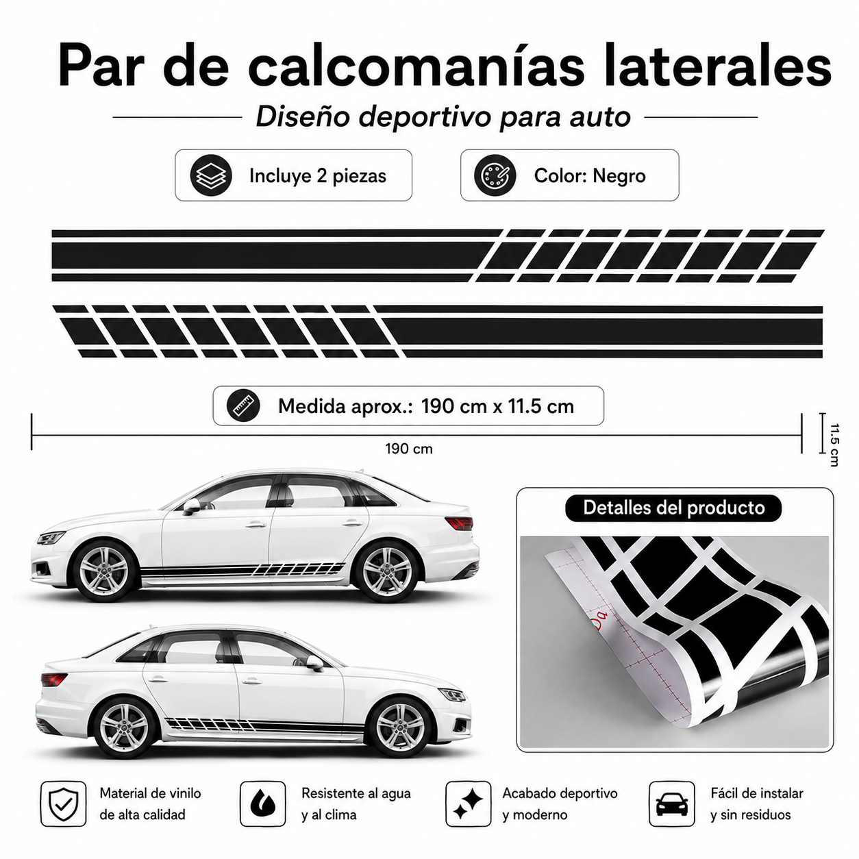 Par de Calcomanías Laterales Deportivas para Auto – 190 x 11.5 cm