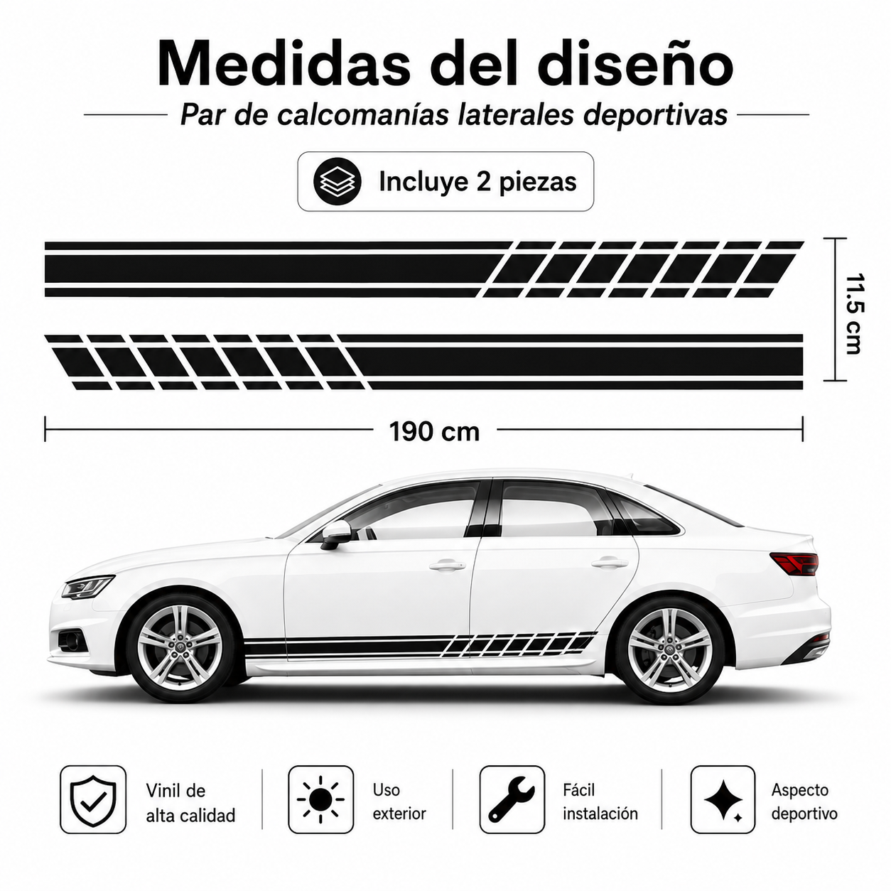 Par de Calcomanías Laterales Deportivas para Auto – 190 x 11.5 cm